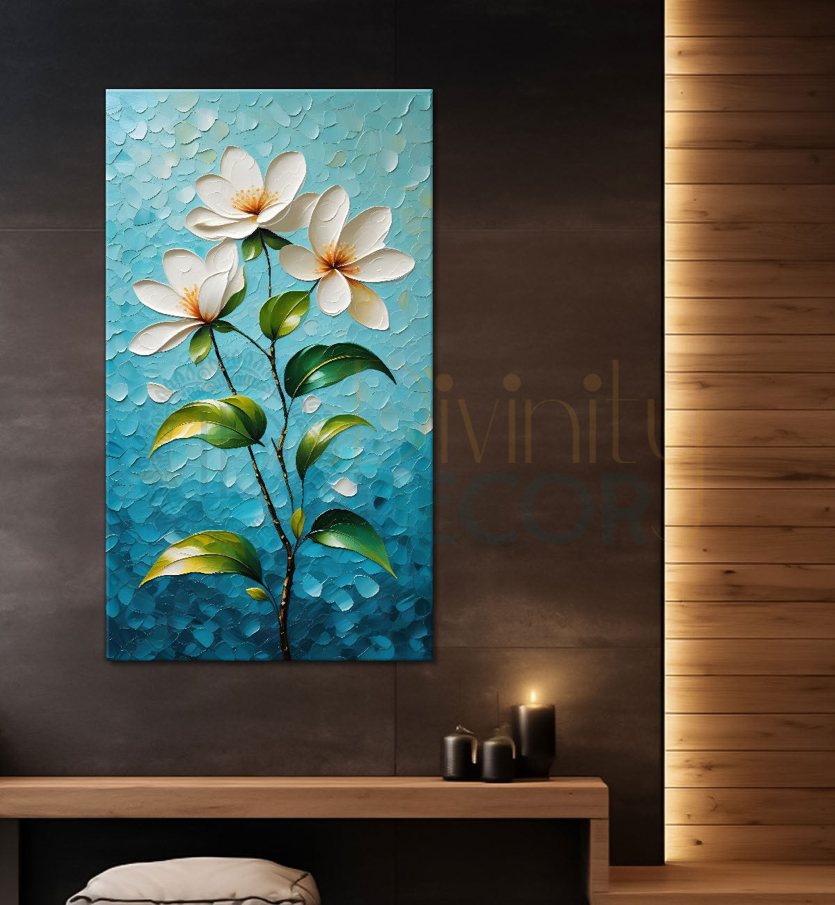 White flowers in sky blue textured background painting- Flower-V-104
