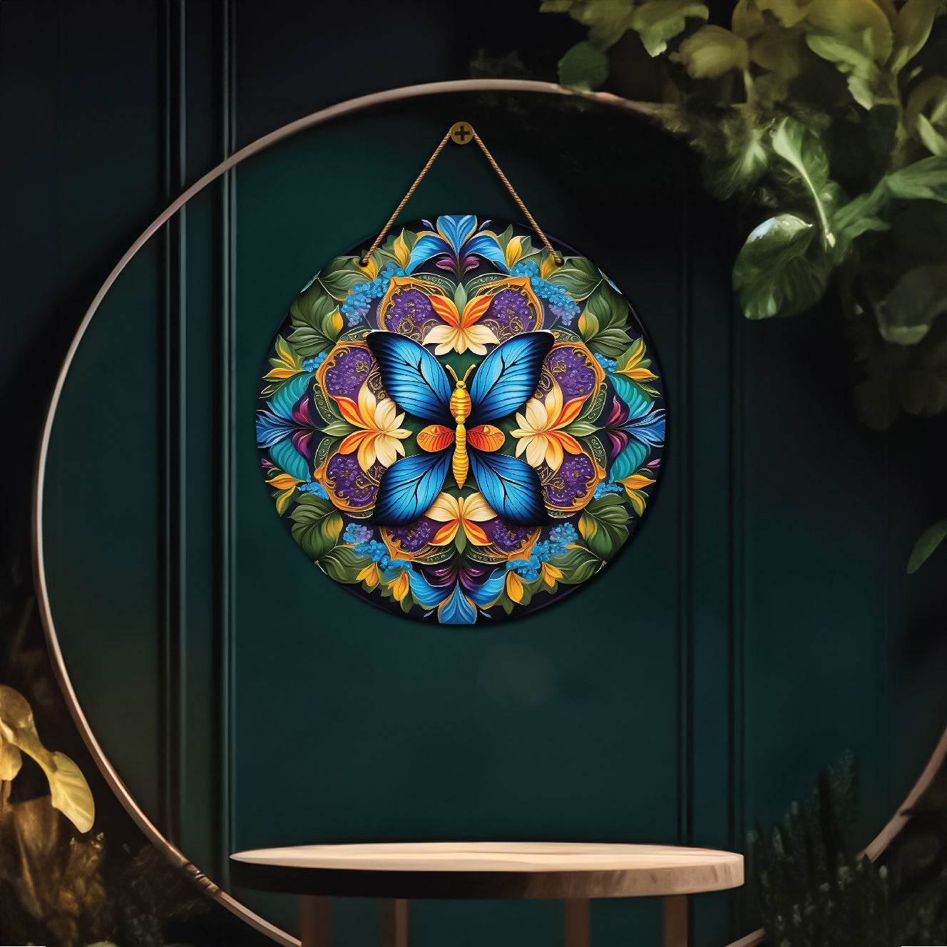 Butterfly in green and blue mandala Round Wooden Wall Hanging for wall Décor - Design - 104