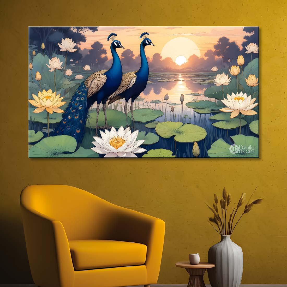 Two peacocks in the pond with sunrise background textured art - Design - Animal -104