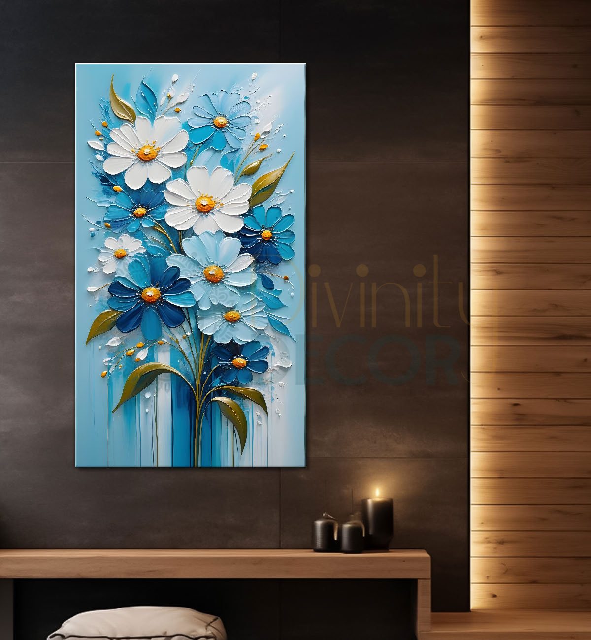 White flowers in sky blue textured background painting- Flower-V-105