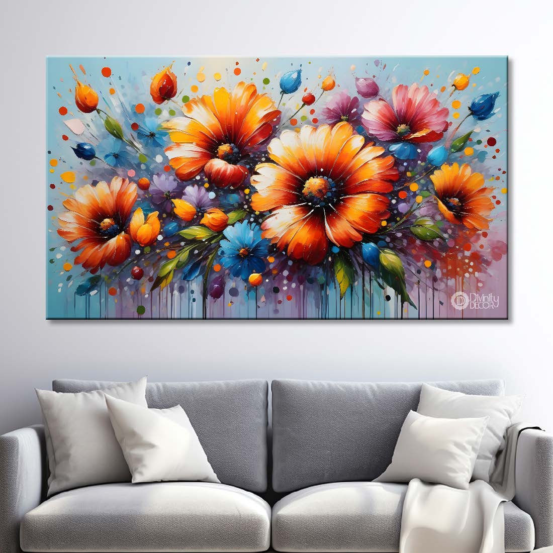 Colorful flowers with blue textured background painting- Design - Flower-106