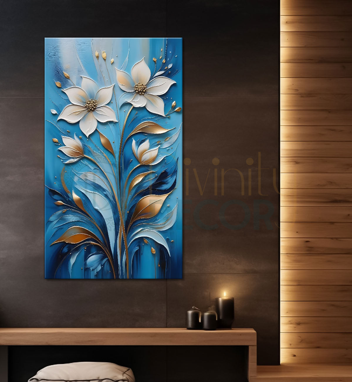 White flowers in sky blue textured background painting- Flower-V-106