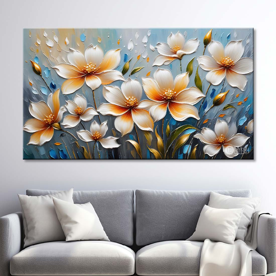 White flowers with blue textured background painting- Design - Flower-107