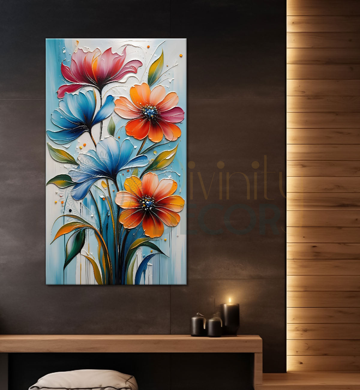 Orange and blue flowers in sky blue textured background painting- Flower-V-107