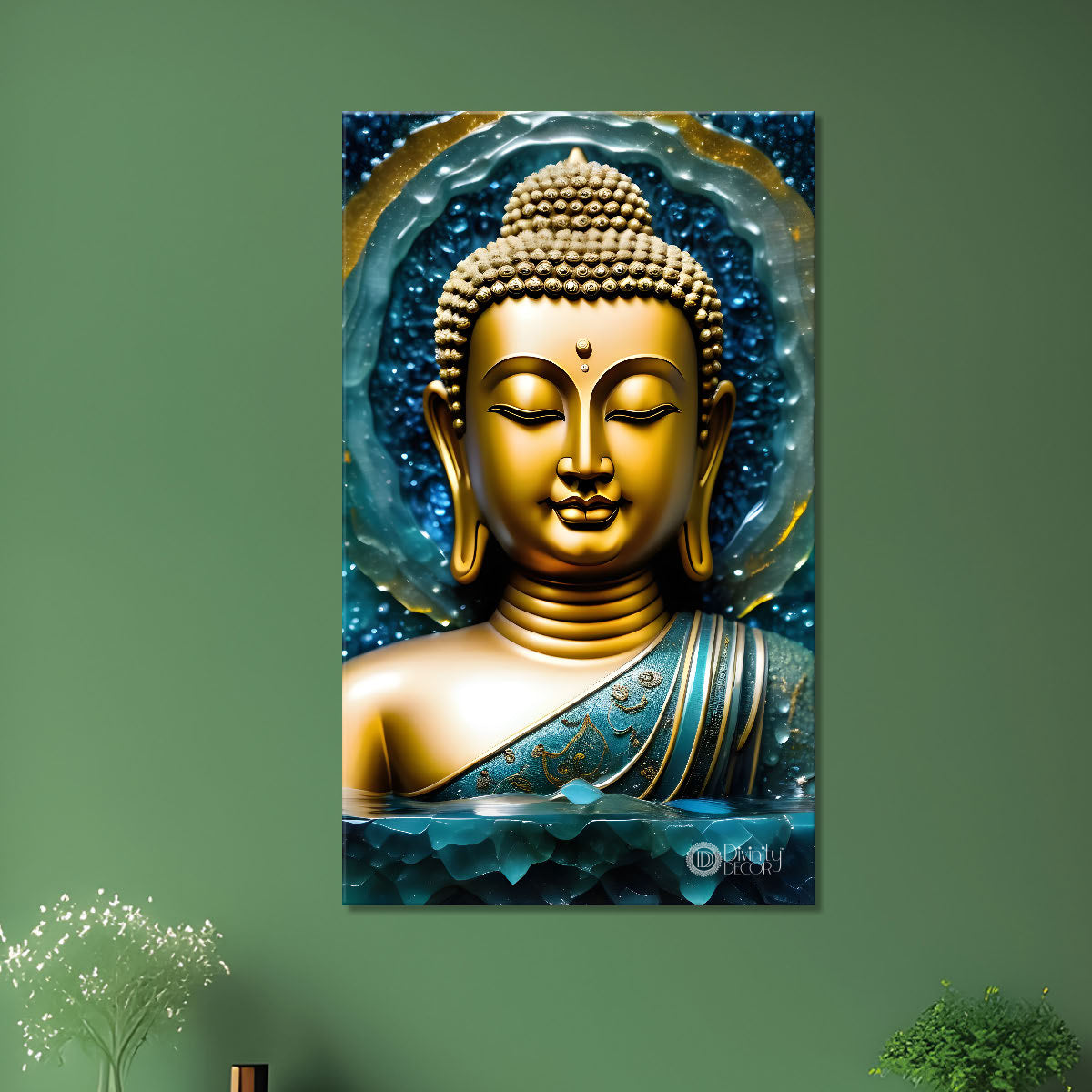 Golden buddha with blue background painting - Buddha-V-107