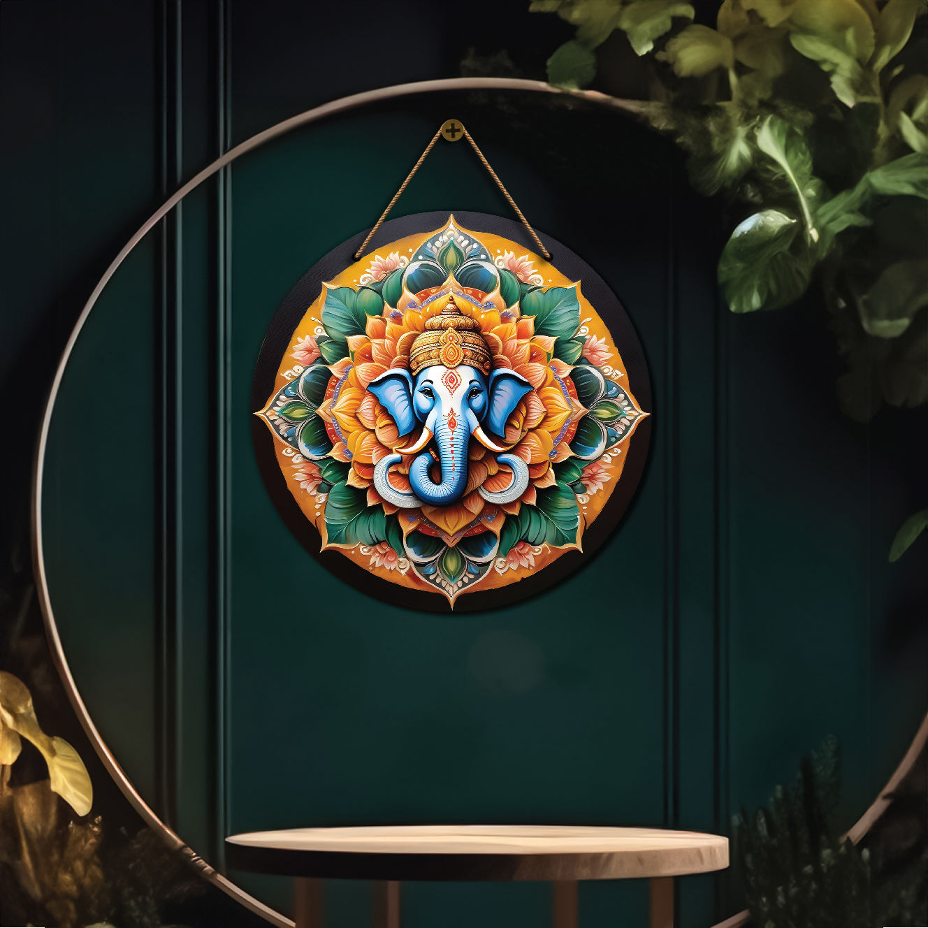 Ganesh Ji in green and yellow mandala Round Wooden Wall Hanging for wall Décor - Design - 107