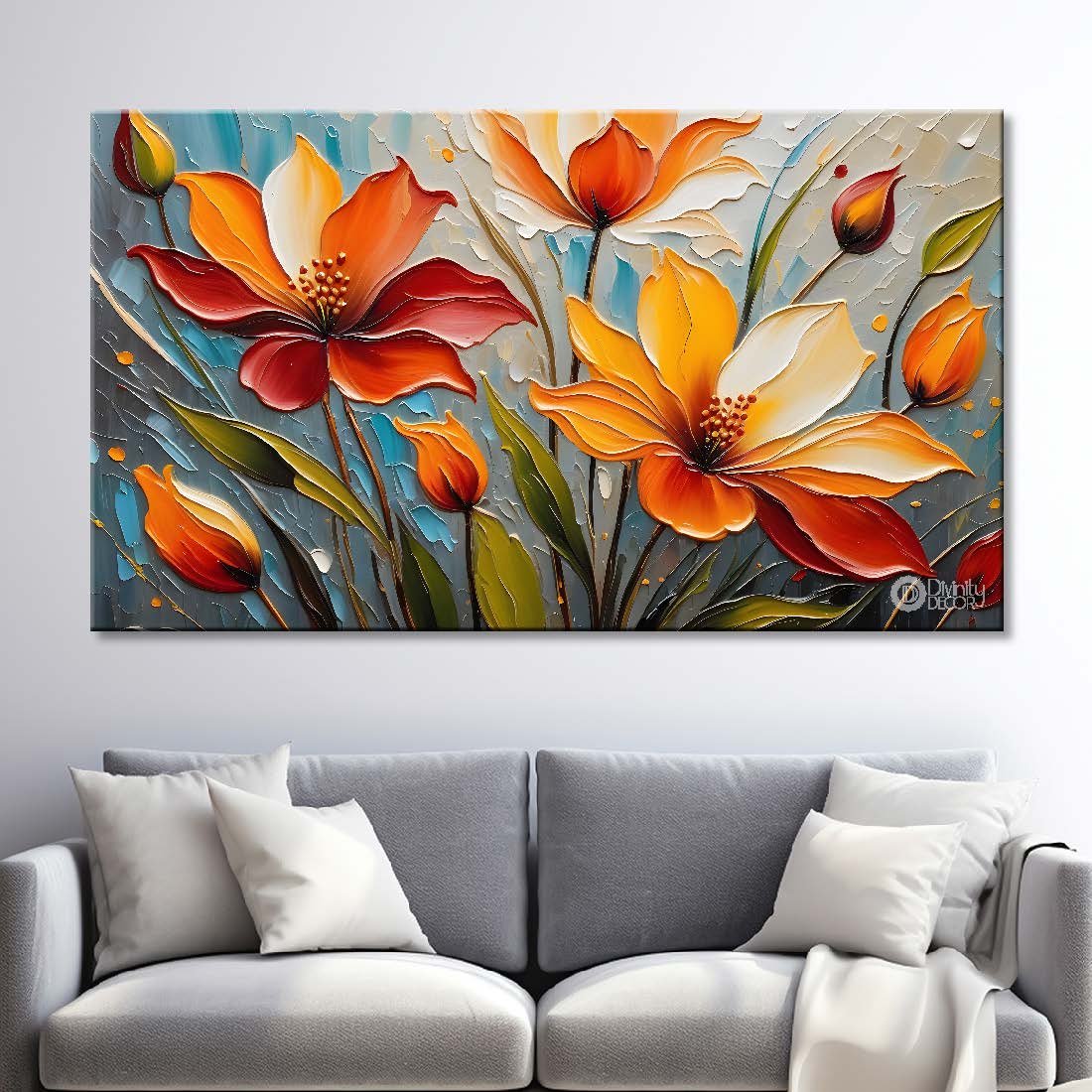 Orange flowers with blue textured background painting- Design - Flower-108