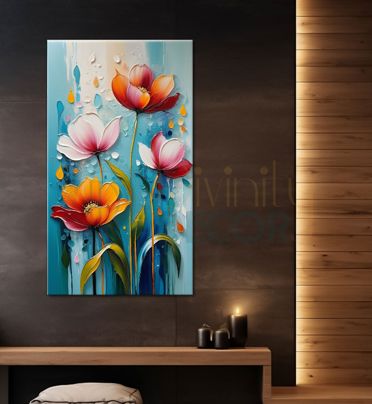 Orange and pink flowers in sky blue textured background painting- Flower-V-108