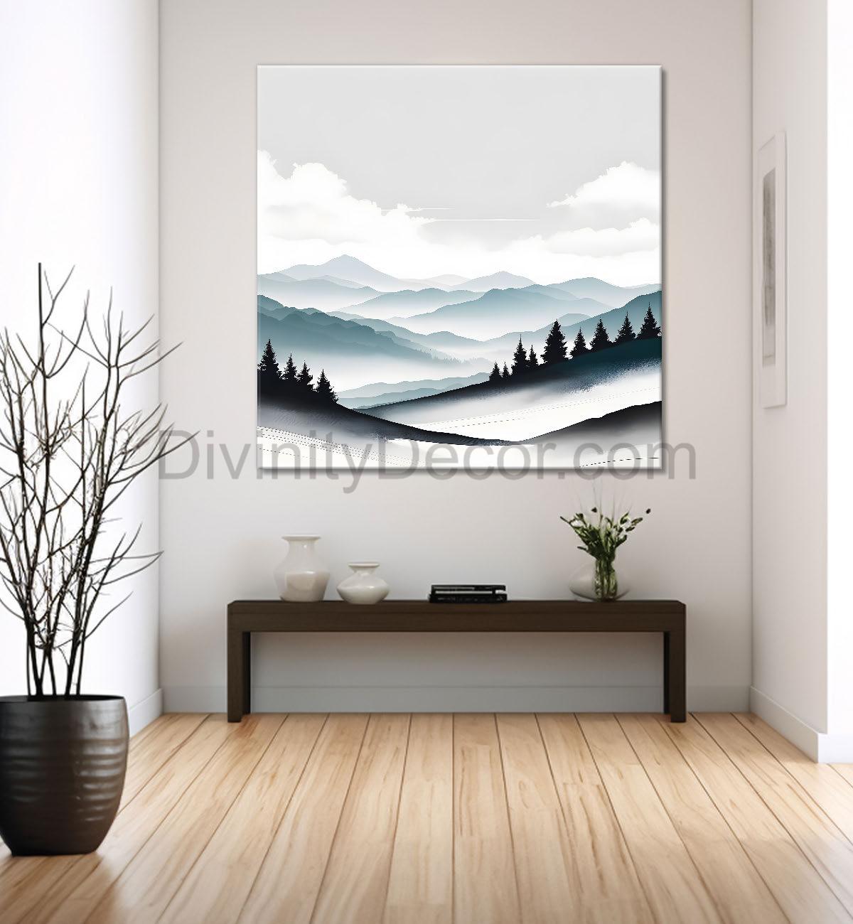 Mountains with trees in textured water colour painting 24X24   - Nature Art -S-108