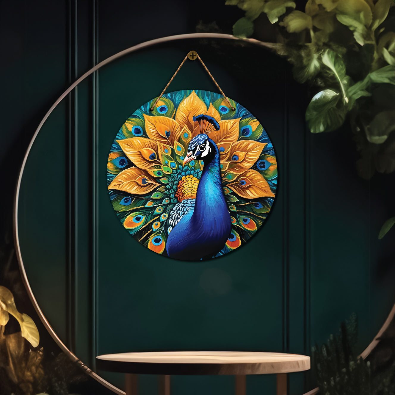 Peacock in green and golden mandala Round Wooden Wall Hanging for wall Décor - Design - 108