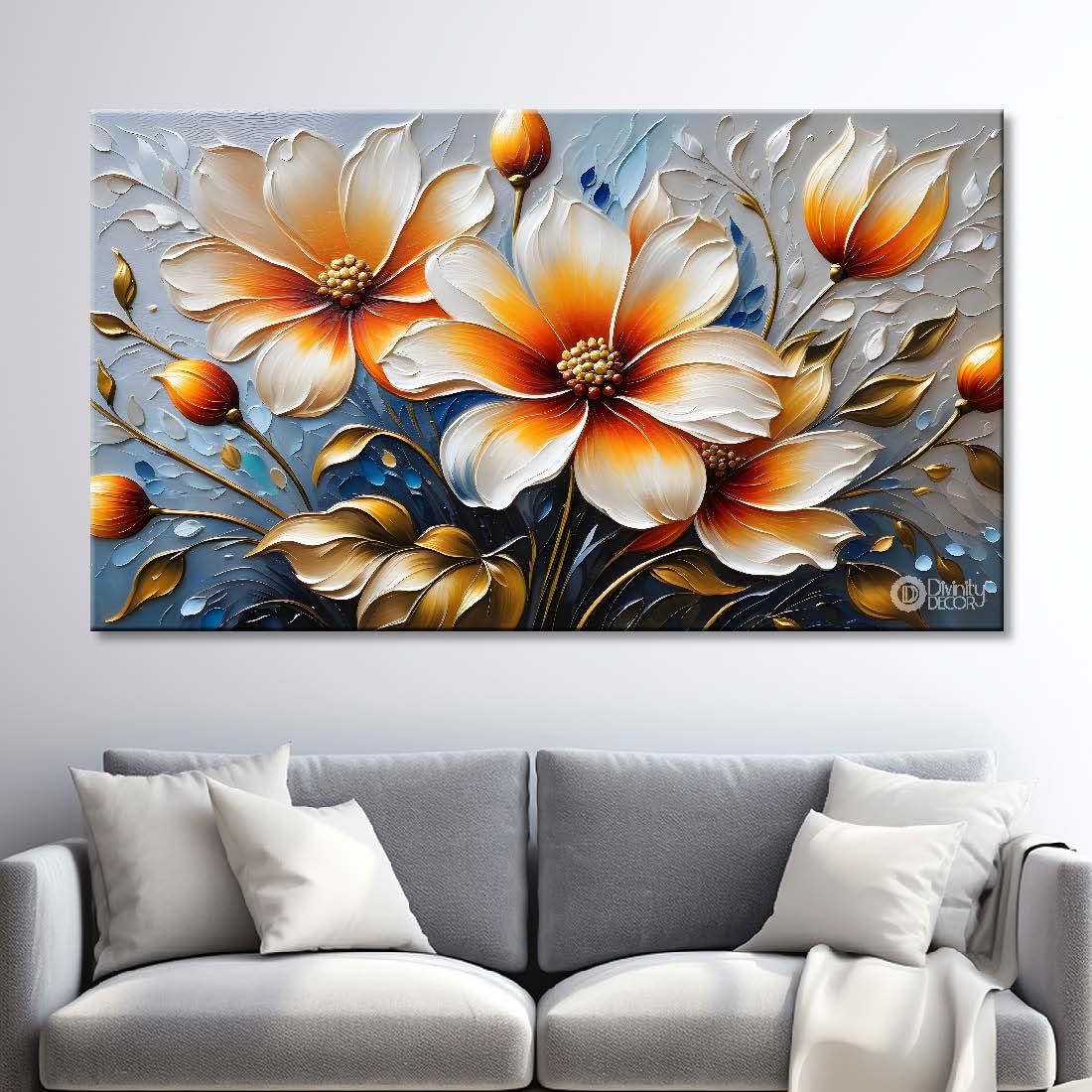 White flowers with blue textured background painting- Design - Flower-109