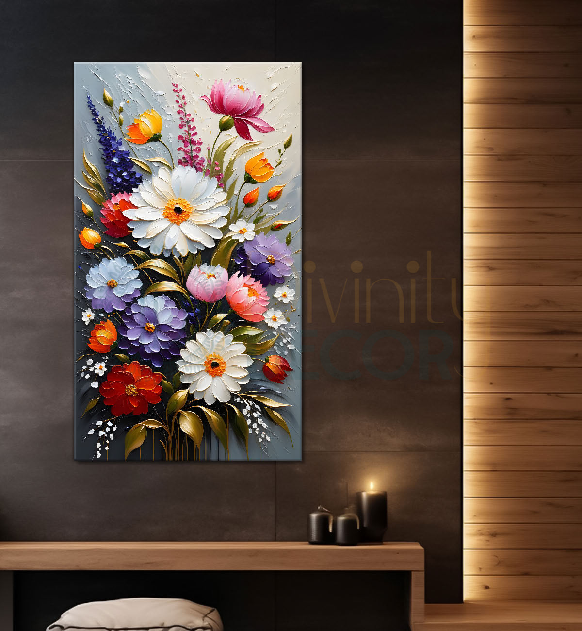 Colourful flowers in grey textured background painting- Flower-V-109