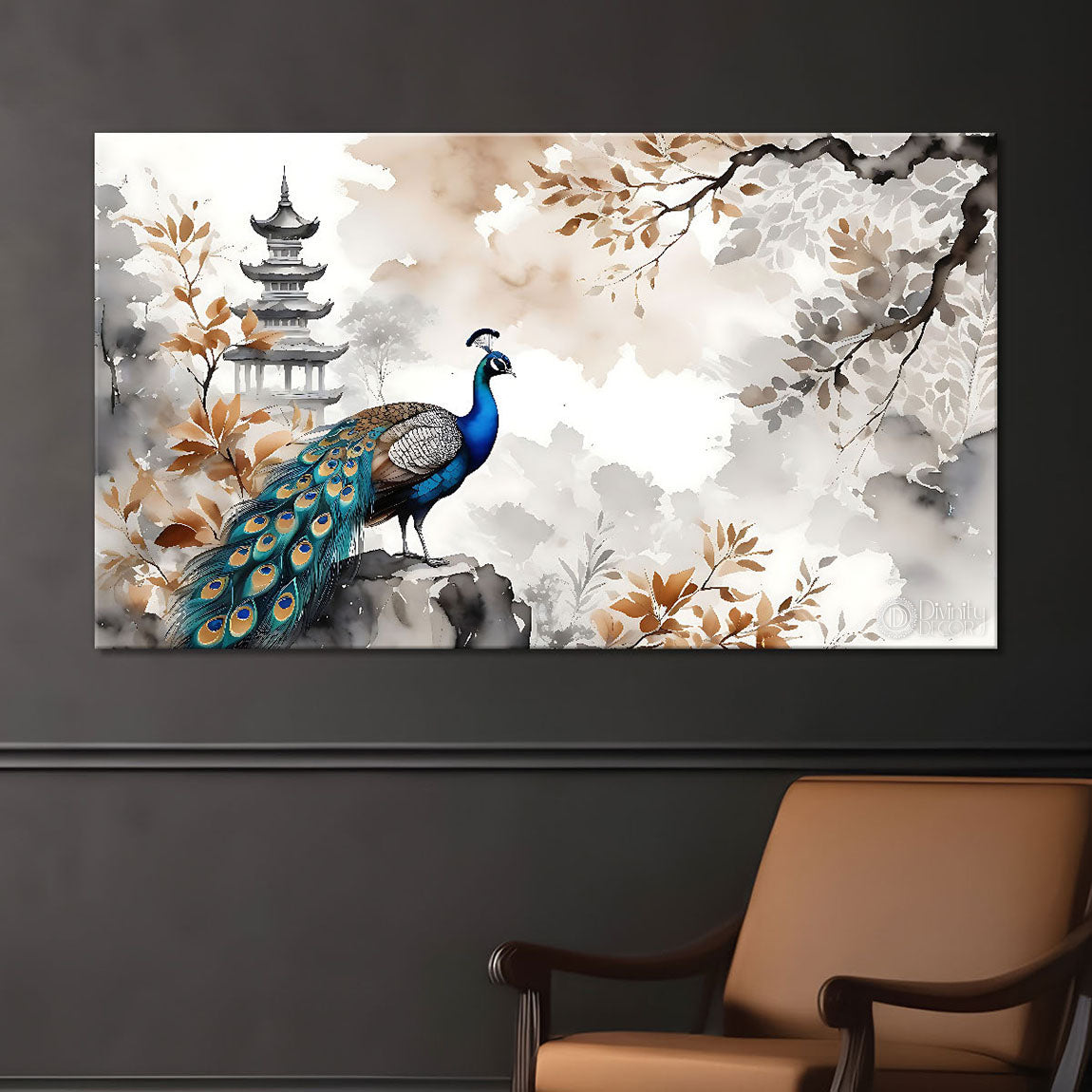 Peacock with grey textured background Canvas Painting - Design - Peacock-11