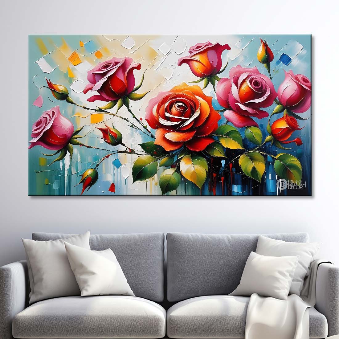 Pink roses with blue textured background painting- Design - Flower-110