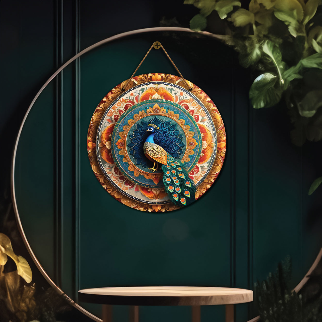 Peacock in orange and blue mandala Round Wooden Wall Hanging for wall Décor - Design - 110