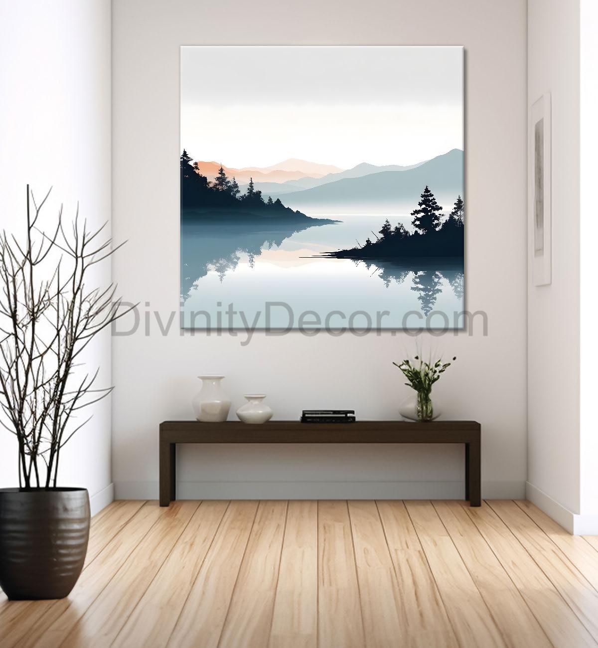 Mountains with river and trees water colour painting 24X24 - Nature Art -S-110