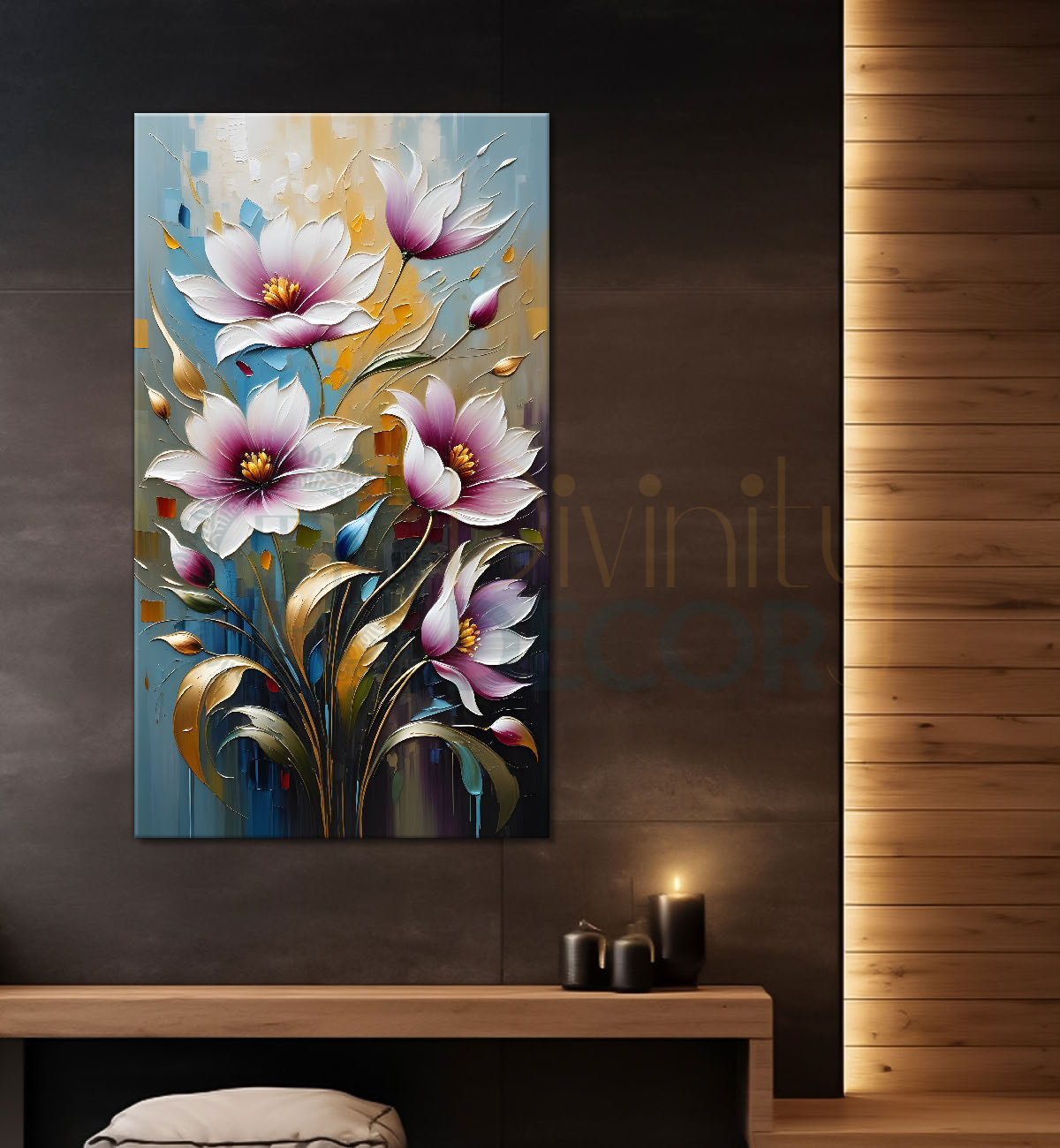 Purple flowers in grey textured painting- Flower-V-110