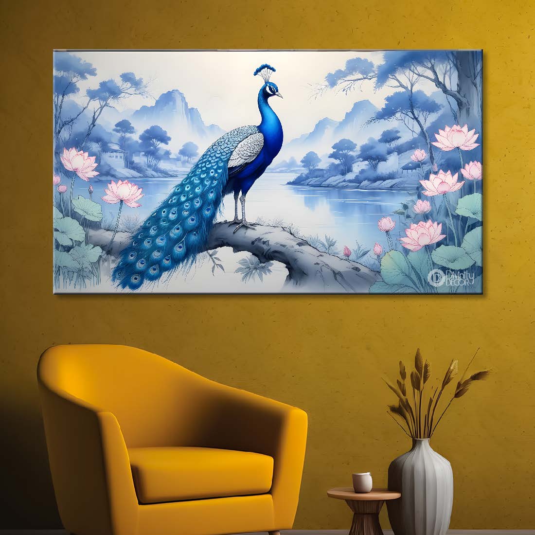 Peacock on the branch with pink flowers and village background textured art. - Design - Animal -110