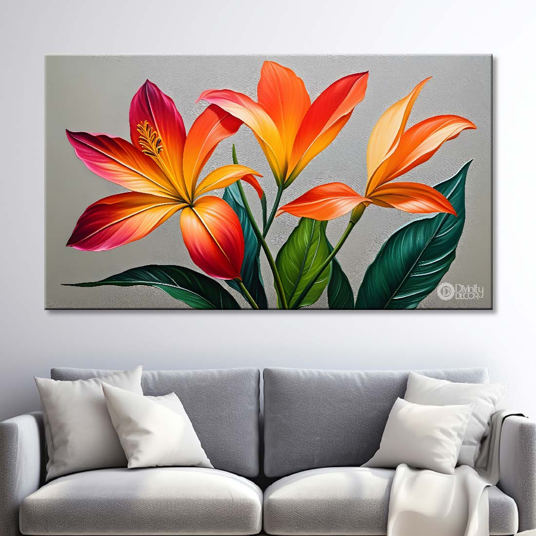 Orange flowers with grey textured background painting- Design - Flower-111
