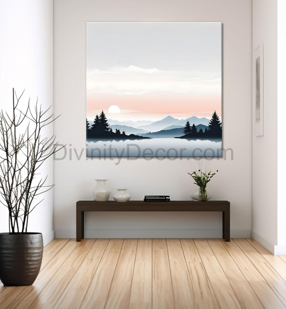 Mountains with river and trees water colour painting  24X24- Nature Art -S-111