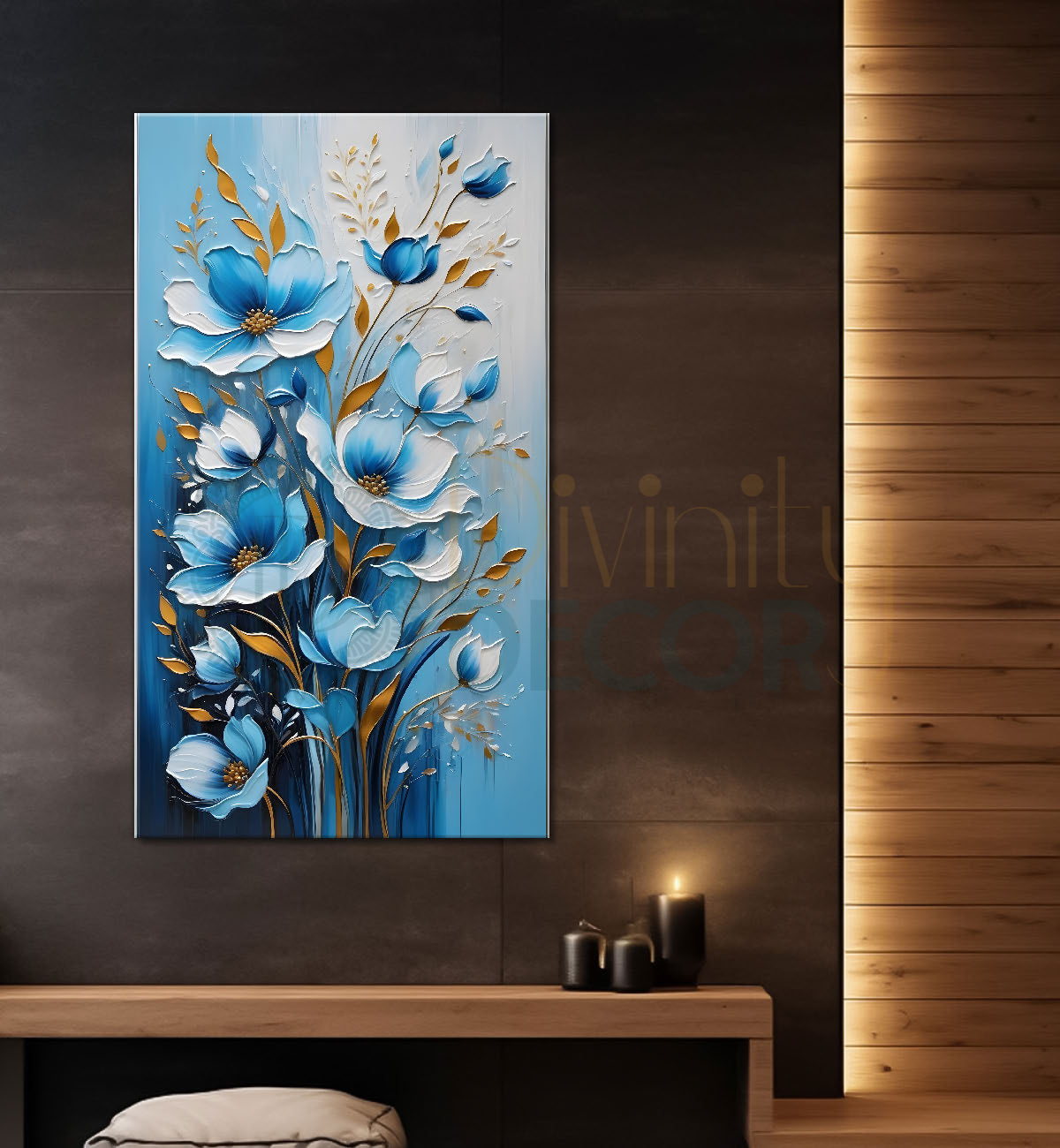 Blue flowers in blue textured background painting- Flower-V-111
