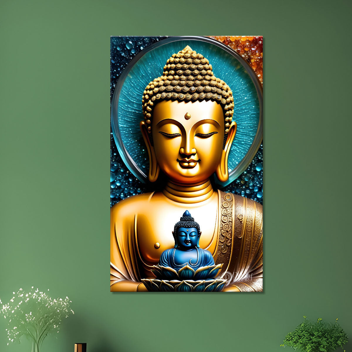 Golden buddha with blue background painting - Buddha-V-111
