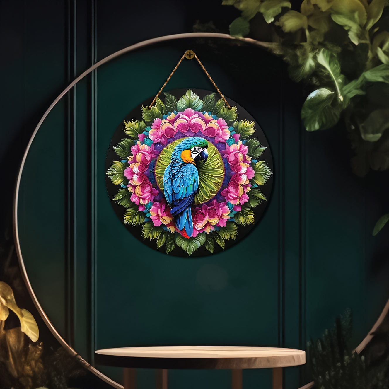 Parrot in pink and green mandala Round Wooden Wall Hanging for wall Décor - Design - 111