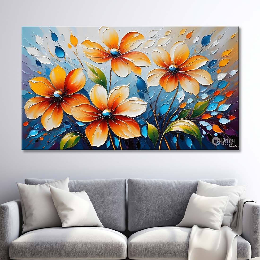 Orange flowers with blue textured background painting- Design - Flower-112