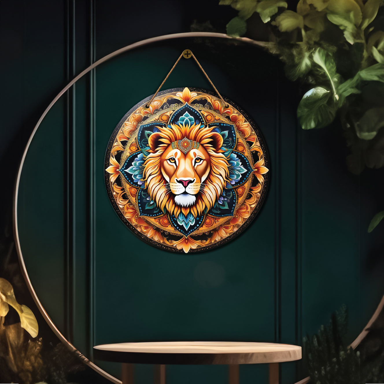 Lion in blue and golden mandala Round Wooden Wall Hanging for wall Décor - Design - 112