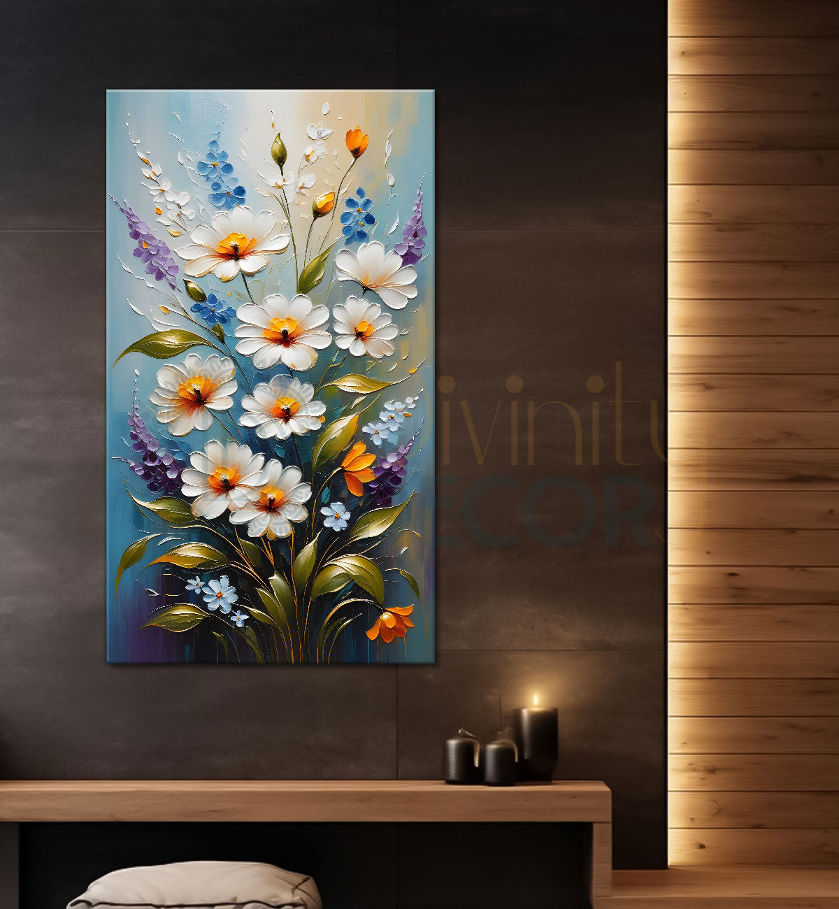 White flowers in sky blue textured background painting- Flower-V-112