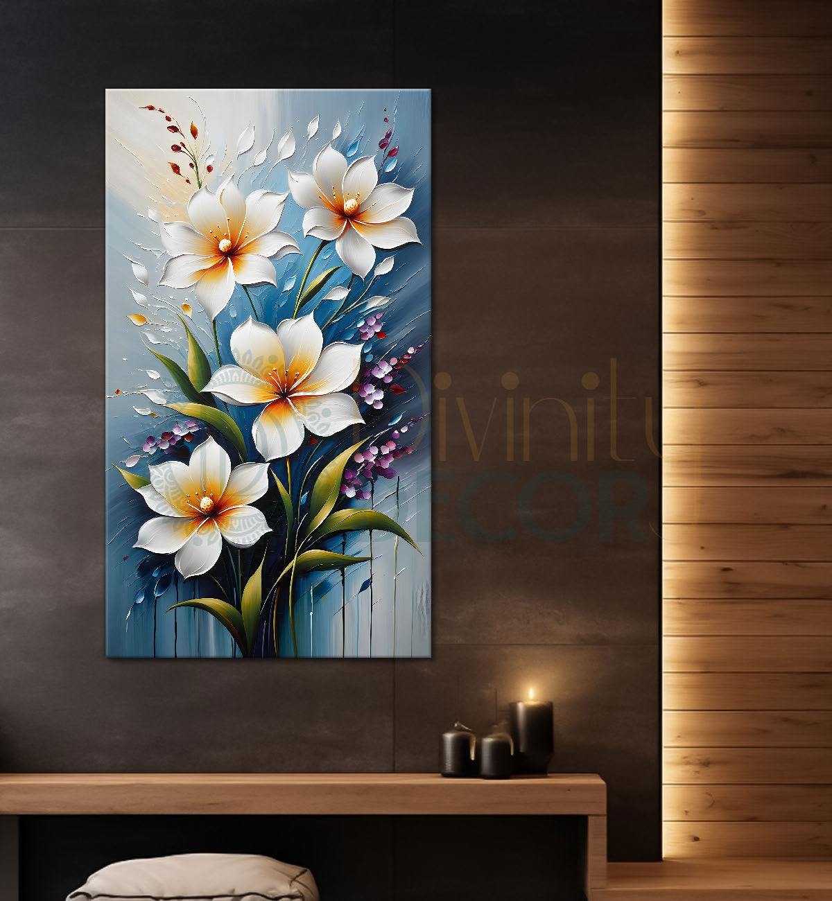 White flowers in sky blue textured background painting- Flower-V-113