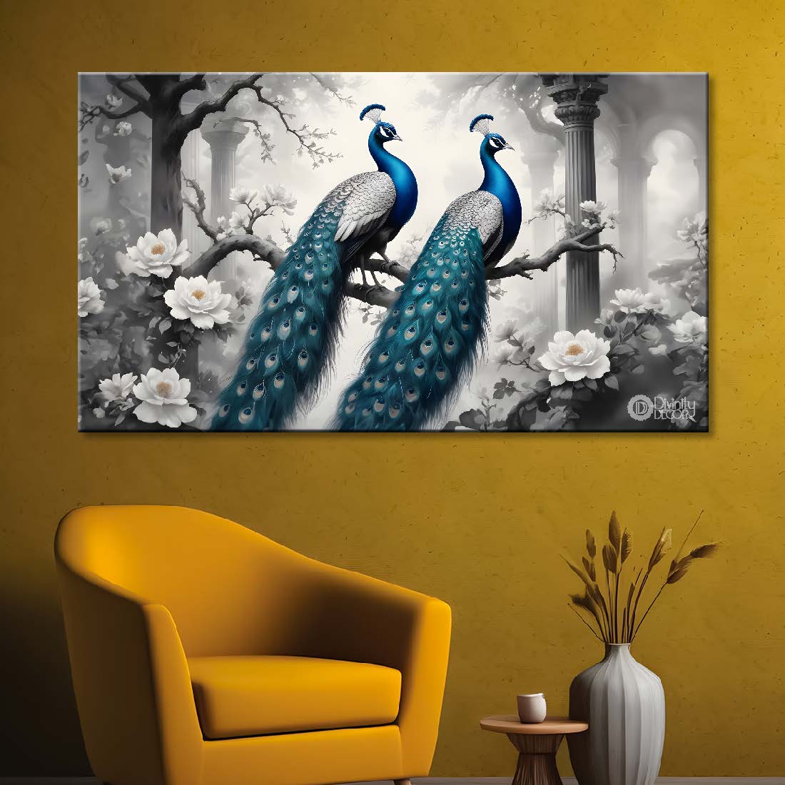 Two peacocks on the branch with white flowers in a fog background textured art - Design - Animal -113