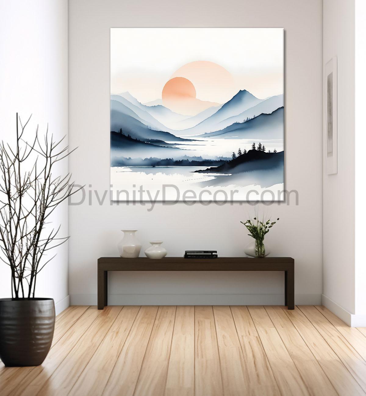 Mountains with sunset painting  24X24 - Nature Art -S-113