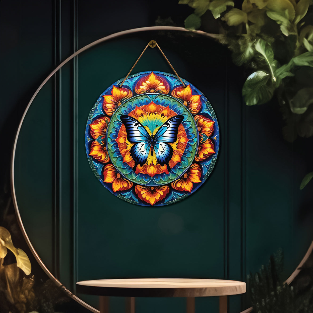 Butterfly in blue and orange mandala Round Wooden Wall Hanging for wall Décor - Design - 113