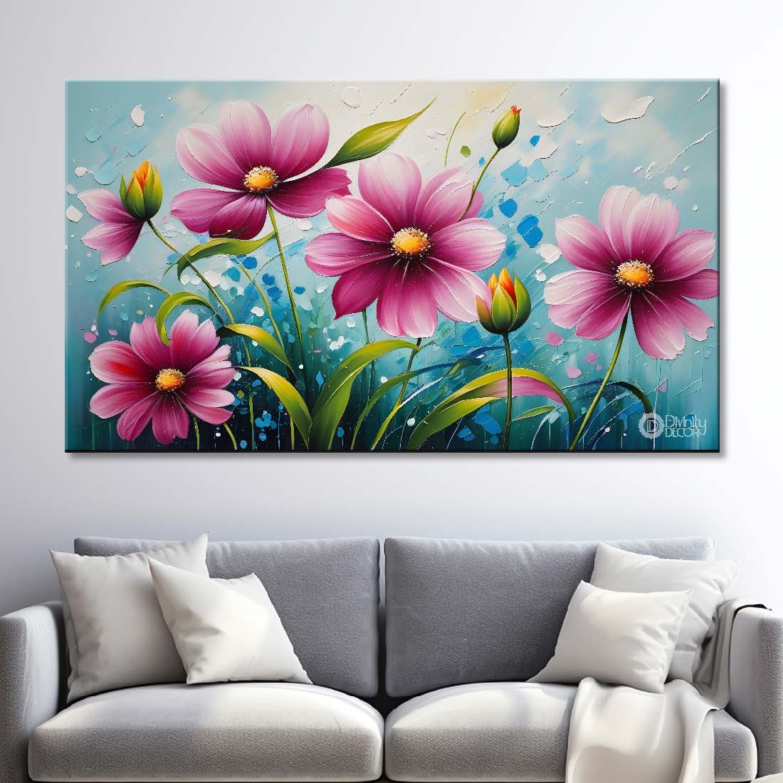 Purple flowers with blue textured background painting- Design - Flower-114