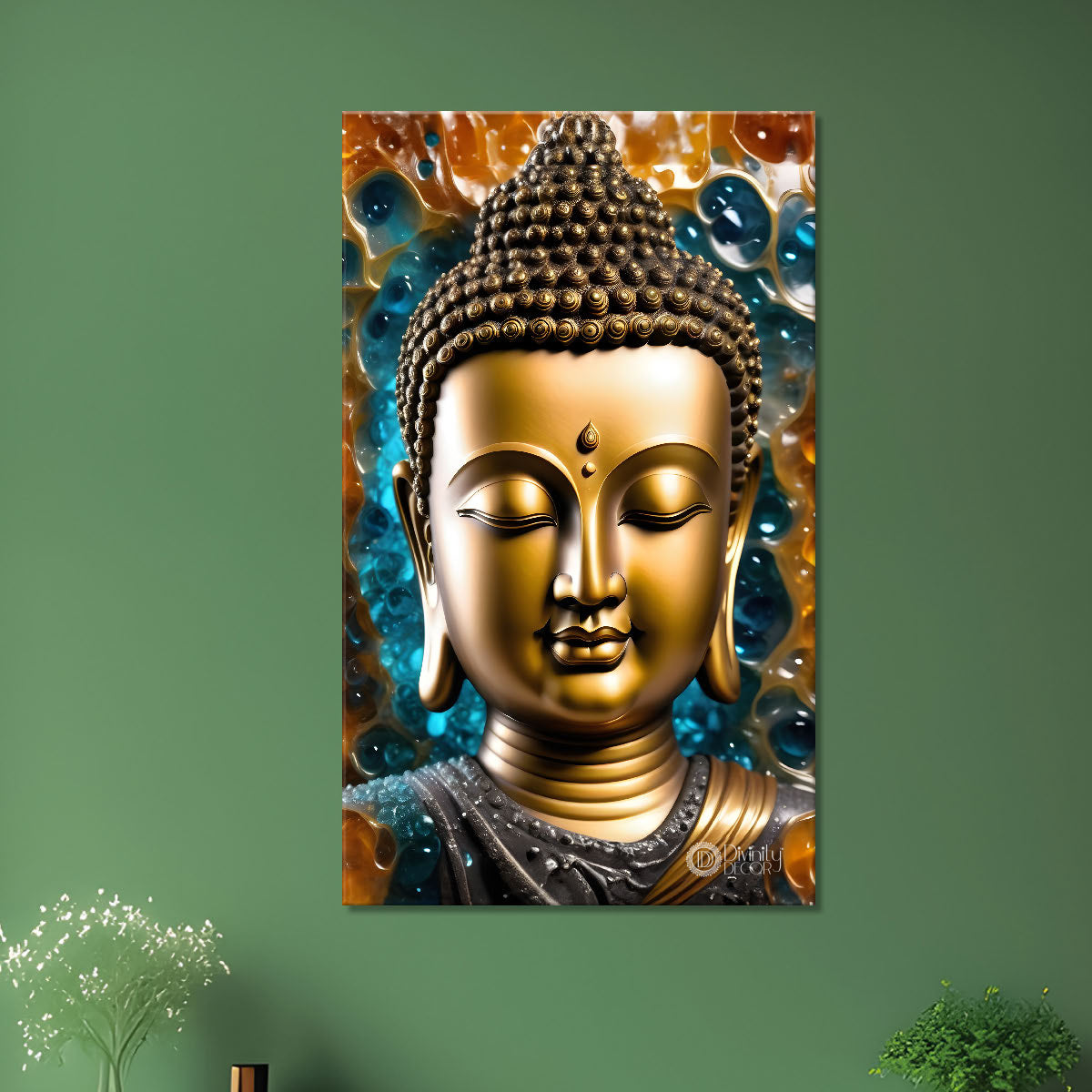 Golden buddha with blue background painting  - Buddha-V-114