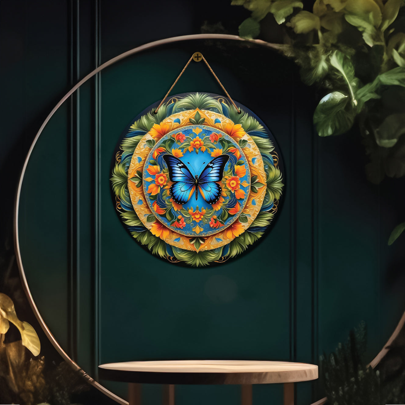 Butterfly in green and orange mandala Round Wooden Wall Hanging for wall Décor - Design - 114
