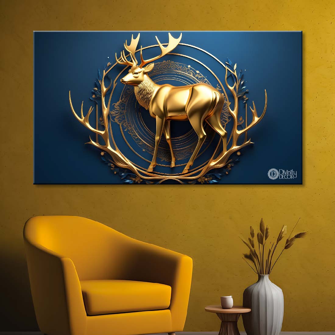 Golden deer in dark blue background textured art.- Design - Animal -114