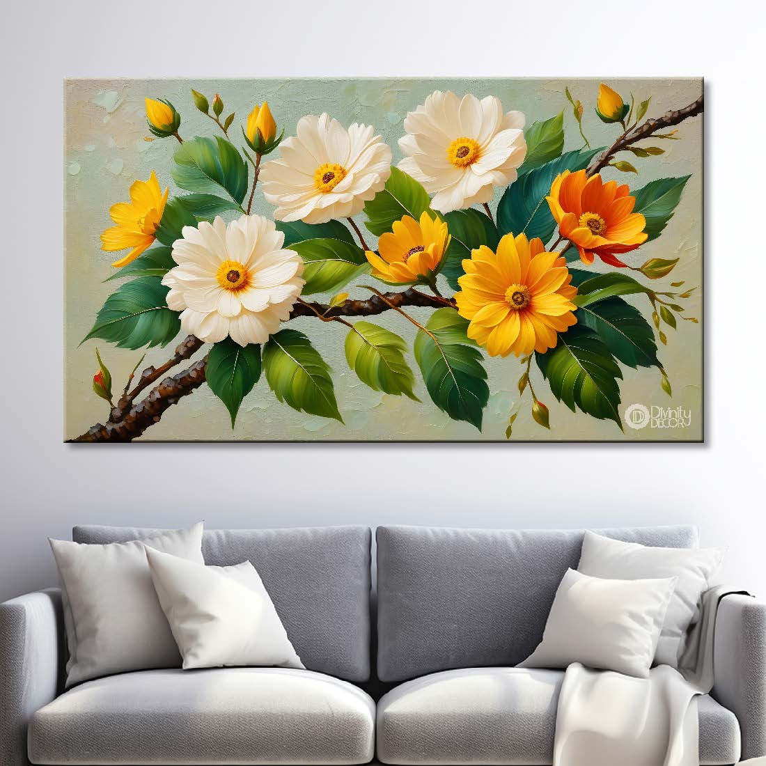 White and yellow flowers with grey textured background painting- Design - Flower-115