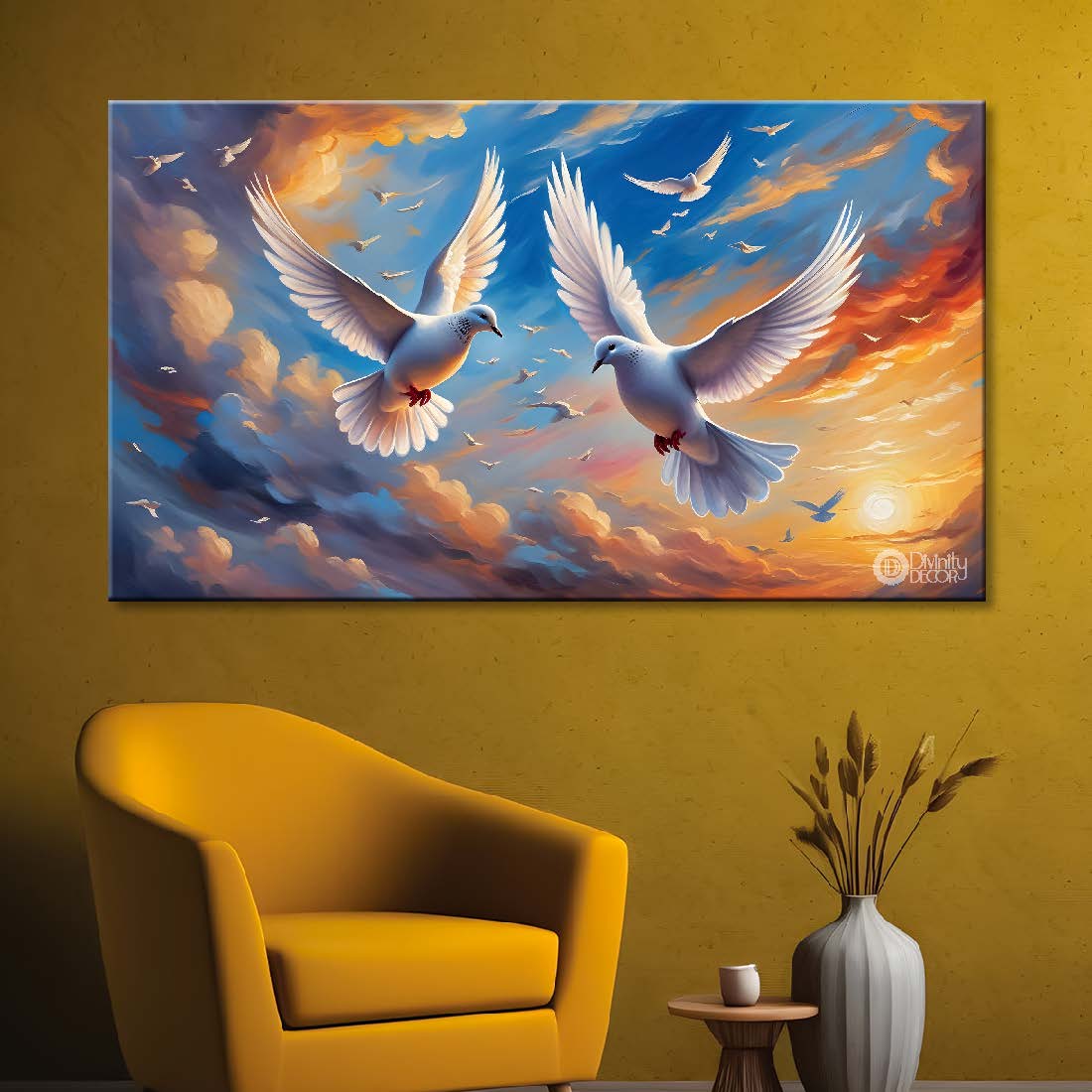 White pigeon flying in the cloudy and colorful sky background art. - Design - Animal - 115