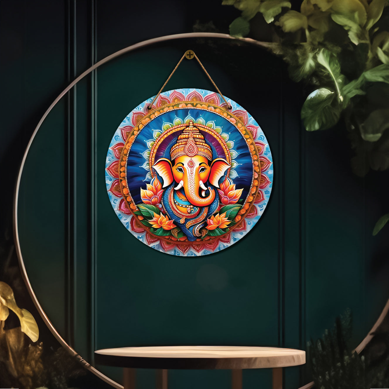 Ganesh Ji in blue and orange mandala Round Wooden Wall Hanging for wall Décor - Design - 115
