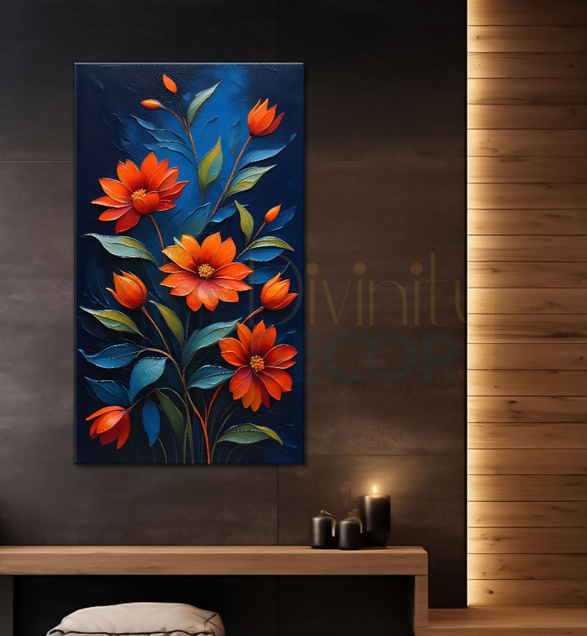 Red flower in navy blue textured background painting- Flower-V-115
