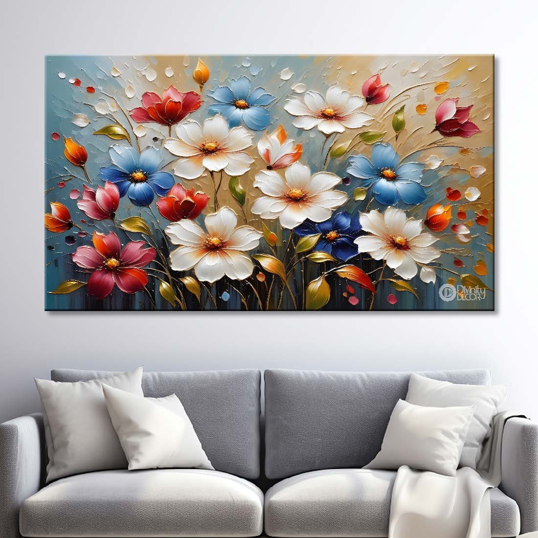 Colorful flowers with blue textured background painting- Design - Flower-116