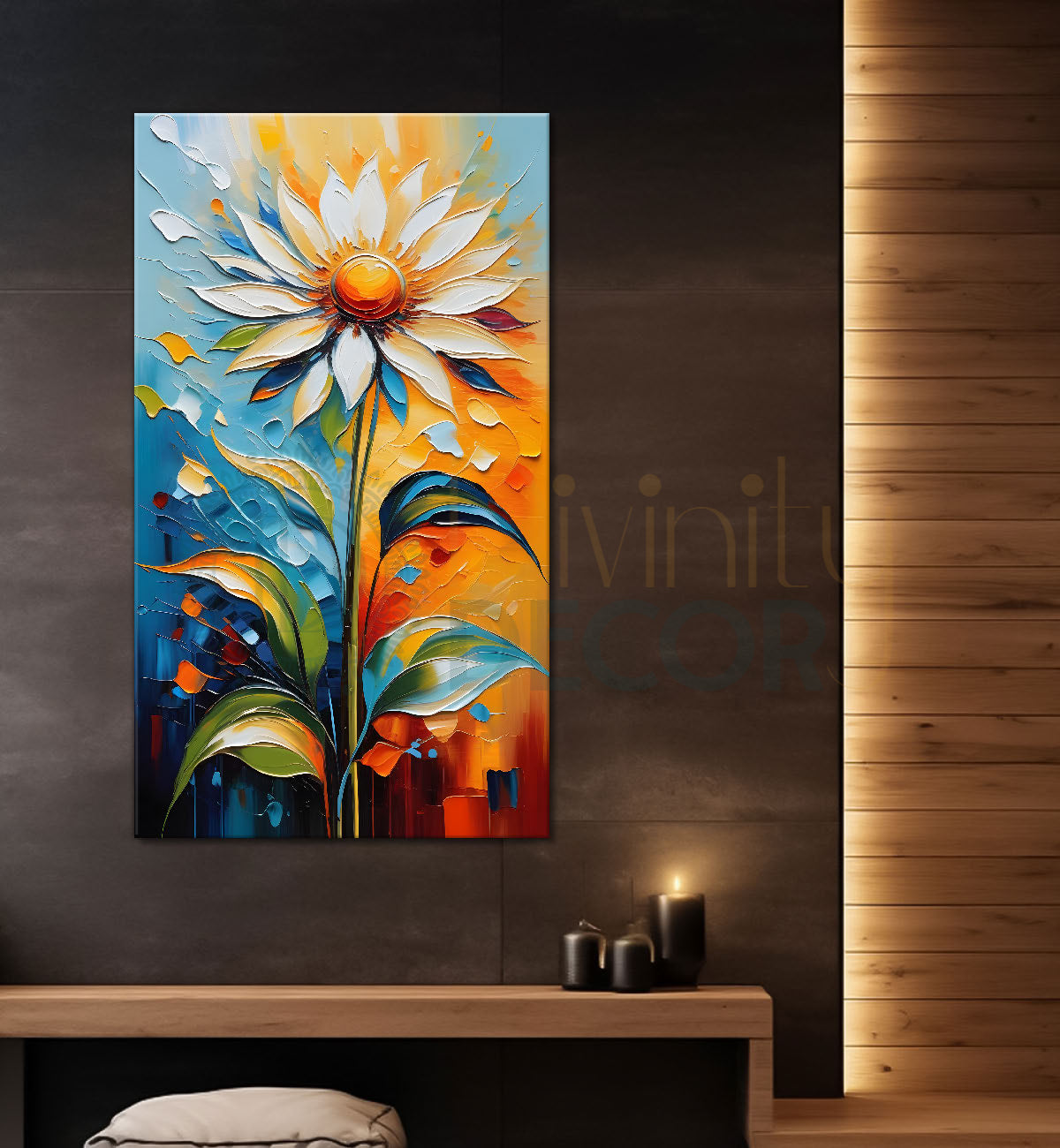 White flower in colourful textured painting- Flower-V-116