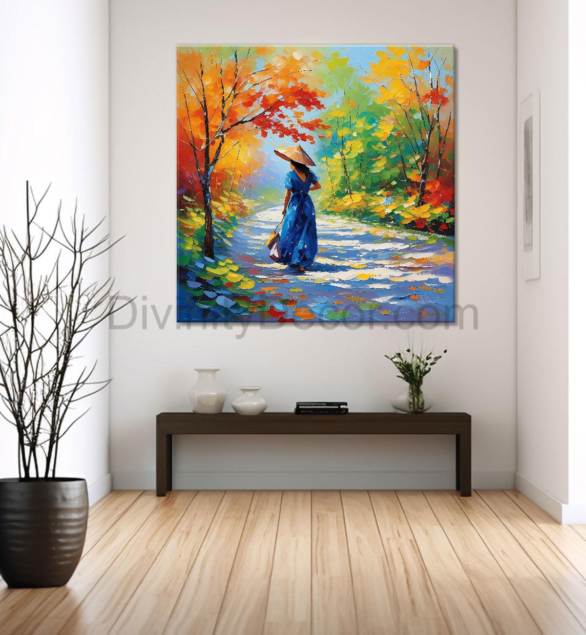 Girl with colourful trees water colour painting 24X24  - Nature Art -S-116