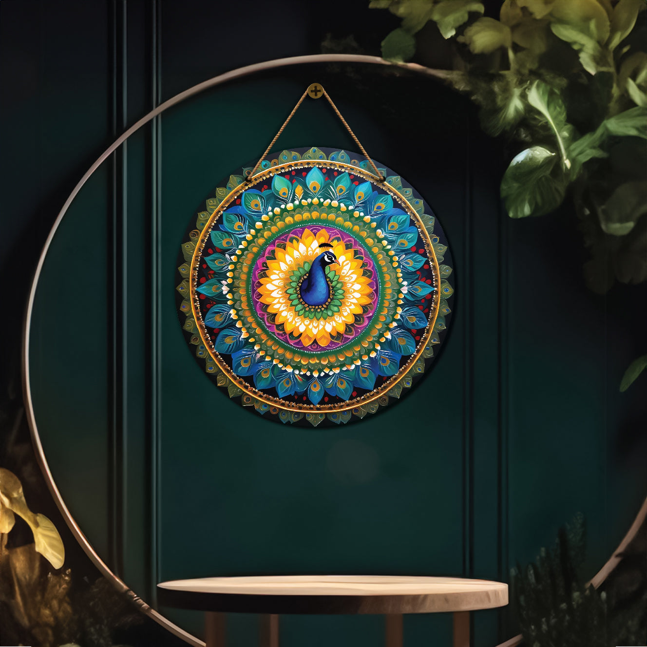 Peacock in blue and yellow mandala Round Wooden Wall Hanging for wall Décor - Design - 116