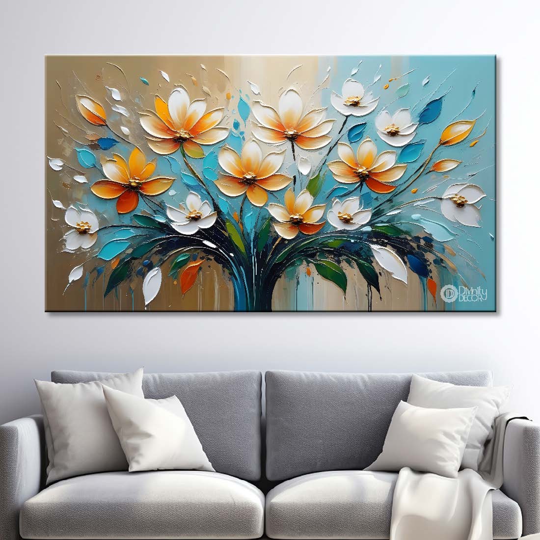 Colorful flowers with blue textured background painting- Design - Flower-117
