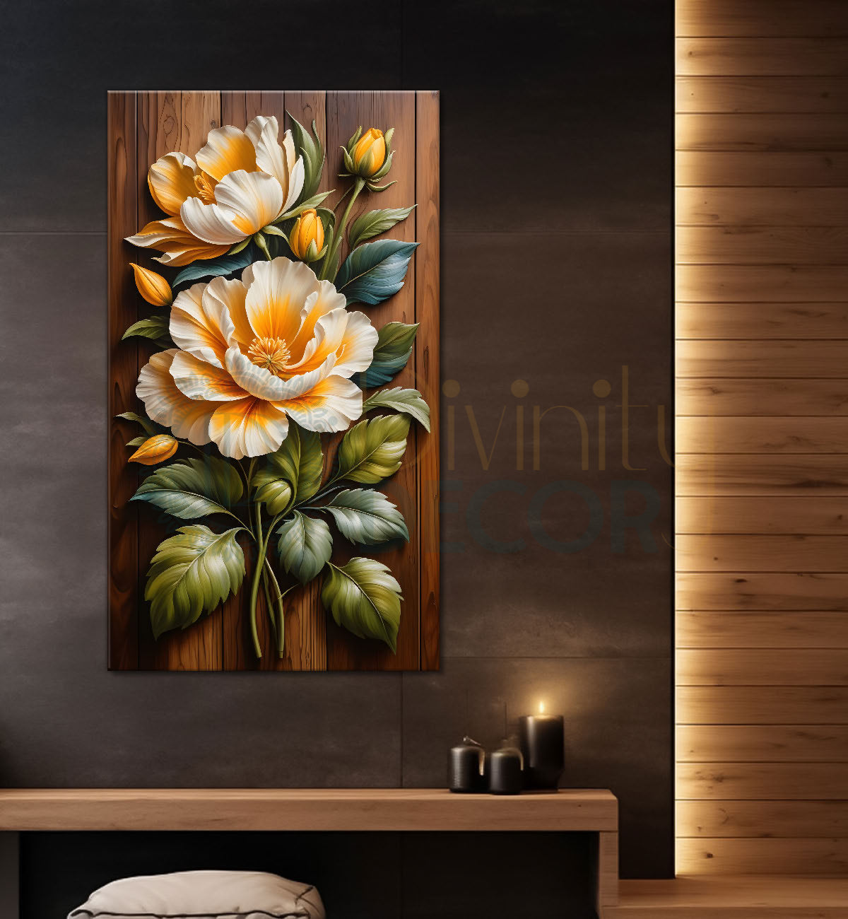 White flower in light brown textured painting- Flower-V-117