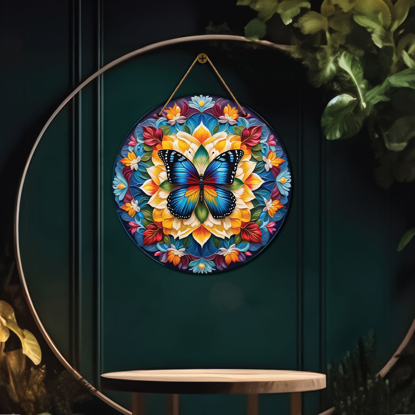 Butterfly in floral and blue mandala Round Wooden Wall Hanging for wall Décor - Design - 117