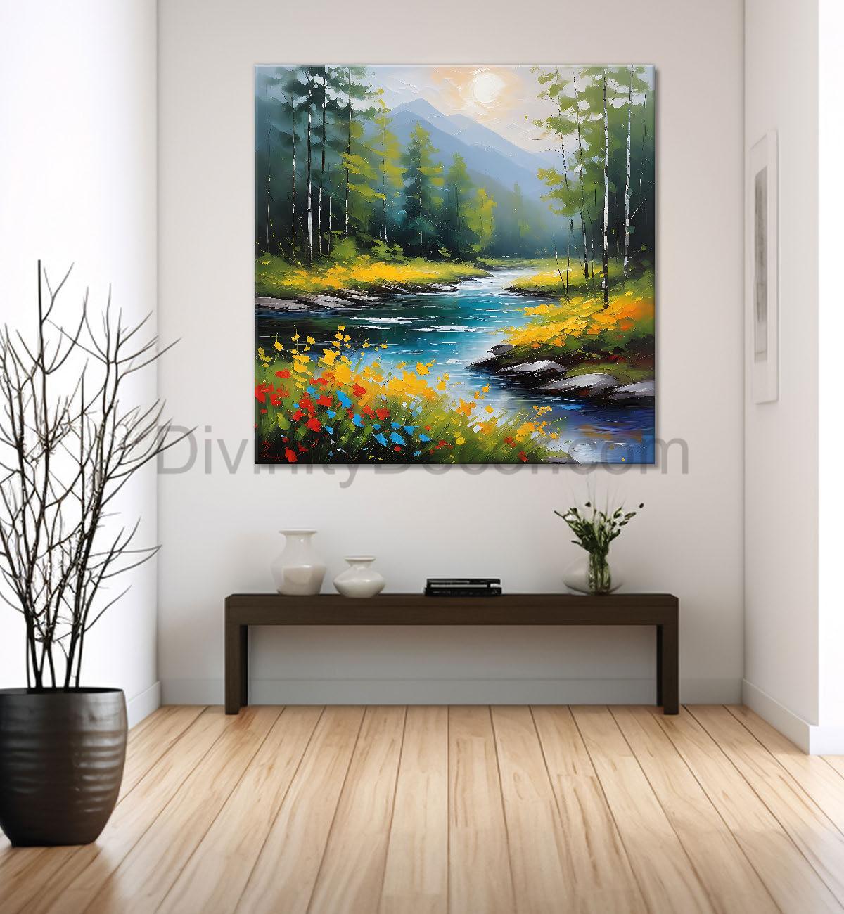Mountains with river painting  24X24  - Nature Art -S-117